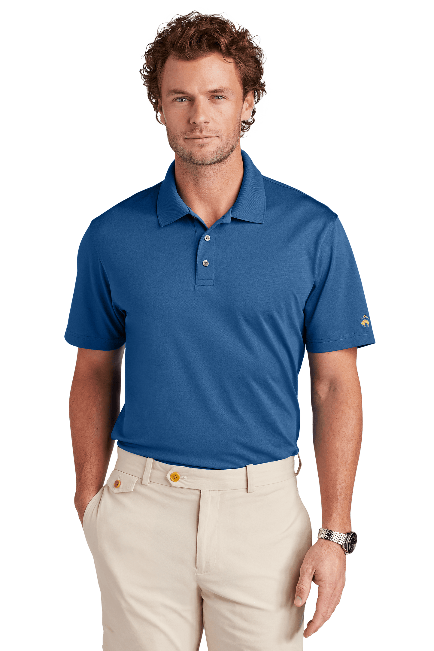 Brooks Brothers men's mesh pique performance polo shirt in blue, featuring moisture-wicking fabric and a classic fit, front view.