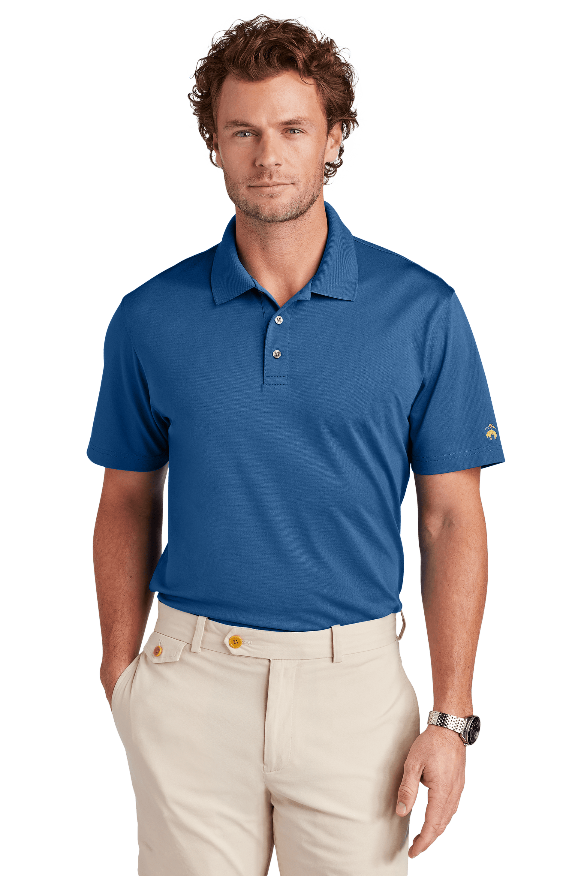 Brooks Brothers men's mesh pique performance polo shirt in blue, featuring moisture-wicking fabric and a classic fit, front view.