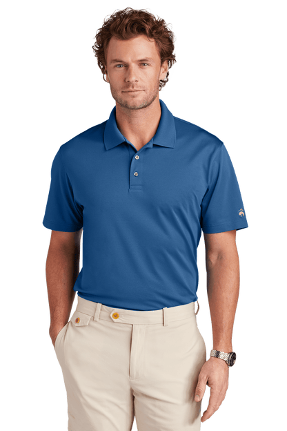 Brooks Brothers men's mesh pique performance polo shirt in blue, featuring moisture-wicking fabric and a classic fit, front view.