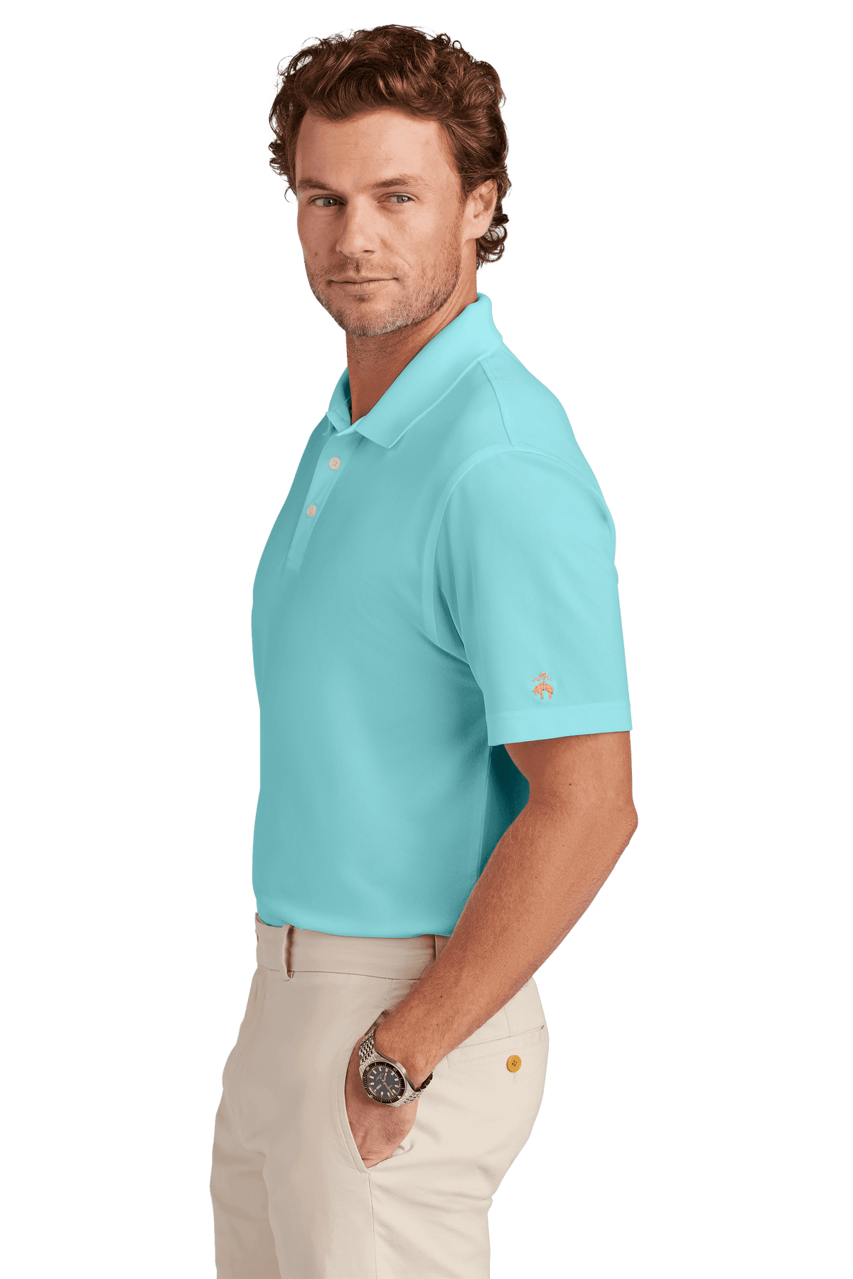 Men's Brooks Brothers mesh pique polo shirt in mint, featuring moisture-wicking fabric and a classic fit, shown from side view.