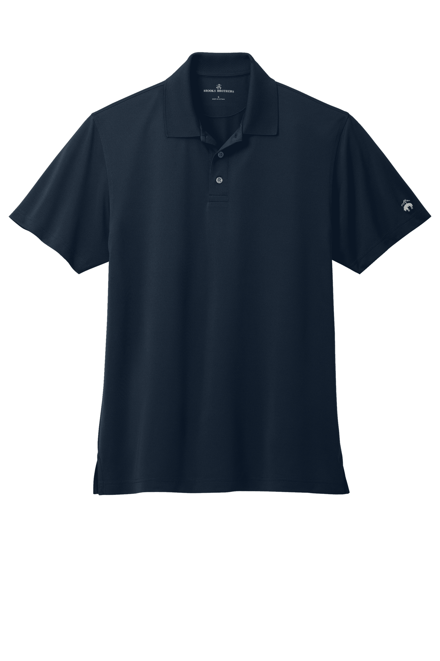 Navy men's Brooks Brothers Mesh Pique Performance Polo with classic fit and moisture-wicking fabric, displayed flat.