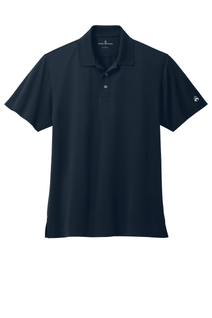 Navy men's Brooks Brothers Mesh Pique Performance Polo with classic fit and moisture-wicking fabric, displayed flat.