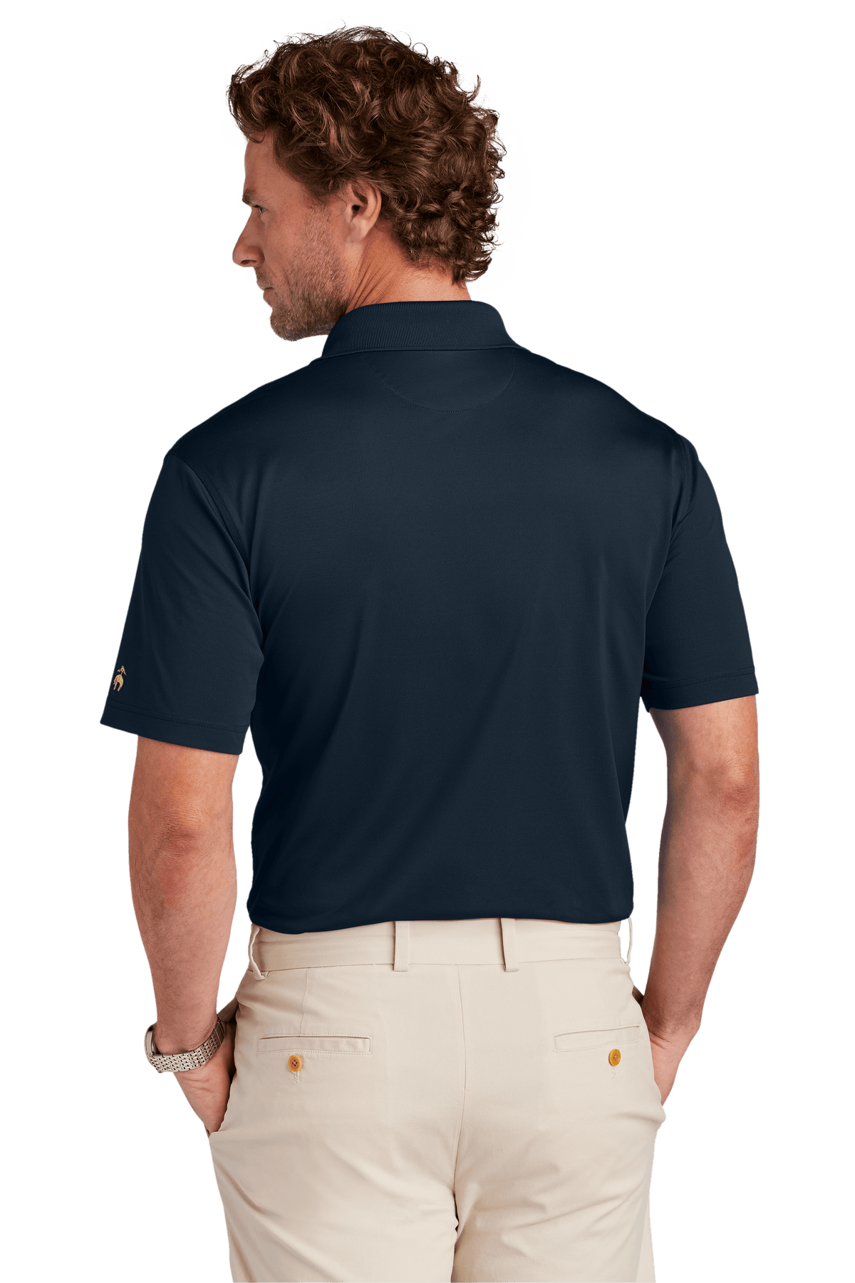 Navy Brooks Brothers men's mesh pique performance polo shirt with classic fit, moisture-wicking fabric, shown from the back.
