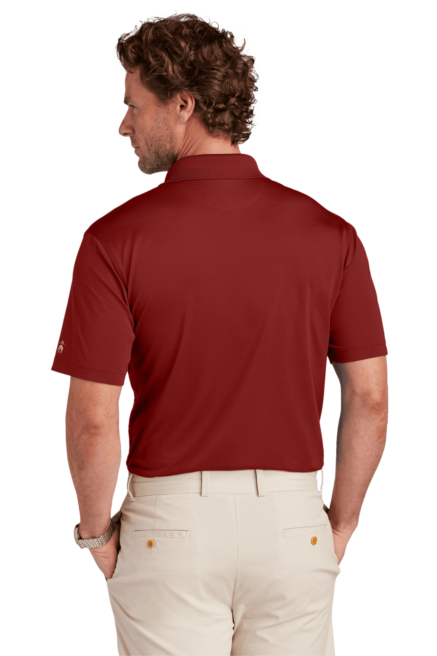 Brooks Brothers men's mesh pique polo shirt in red with classic fit and moisture-wicking fabric, shown from the back.