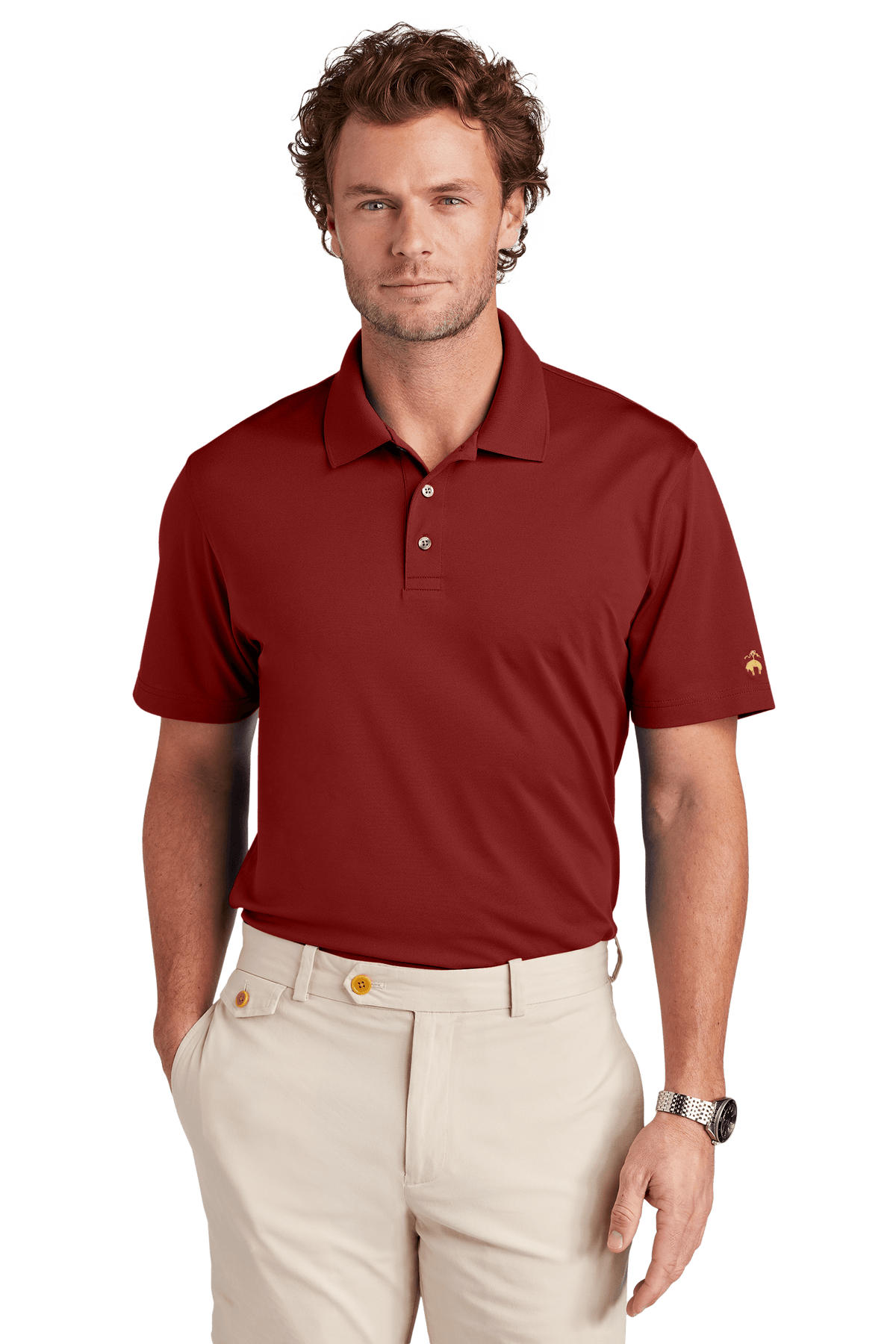 Men's Brooks Brothers mesh pique polo shirt in classic fit with moisture-wicking red fabric, shown from the front.