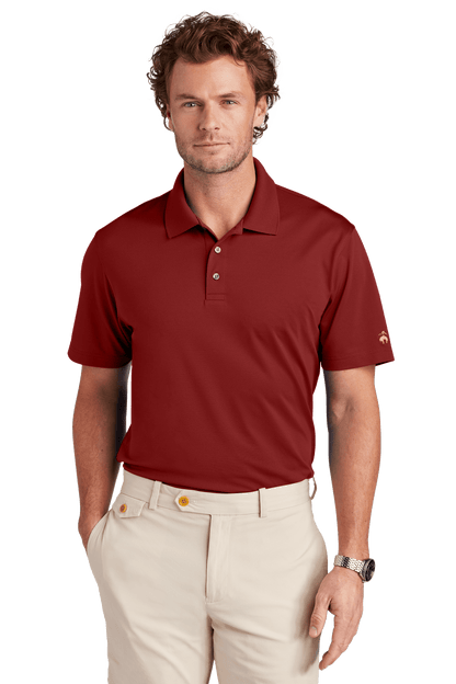Men's Brooks Brothers mesh pique polo shirt in classic fit with moisture-wicking red fabric, shown from the front.