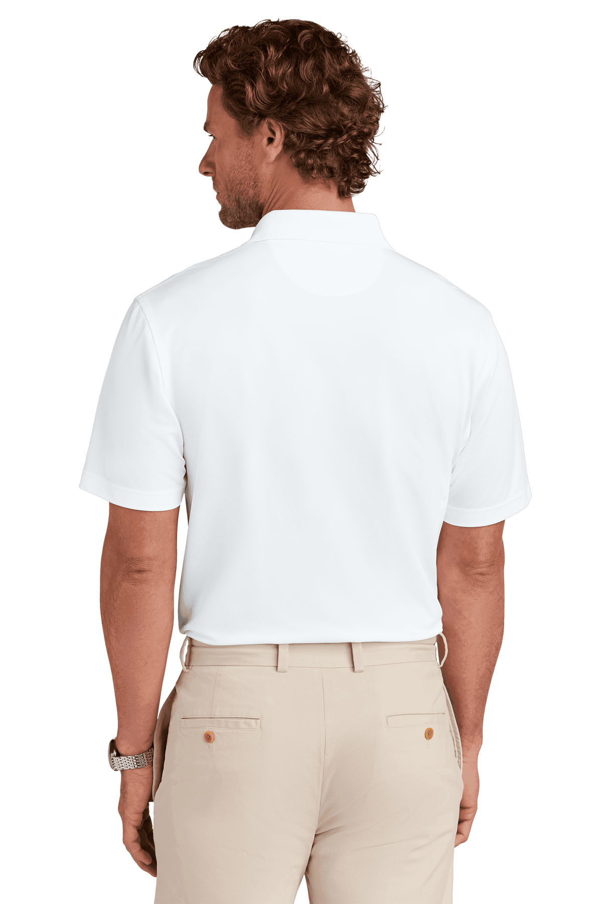 Brooks Brothers men's white mesh pique performance polo shirt with classic fit, moisture-wicking fabric, shown from the back.