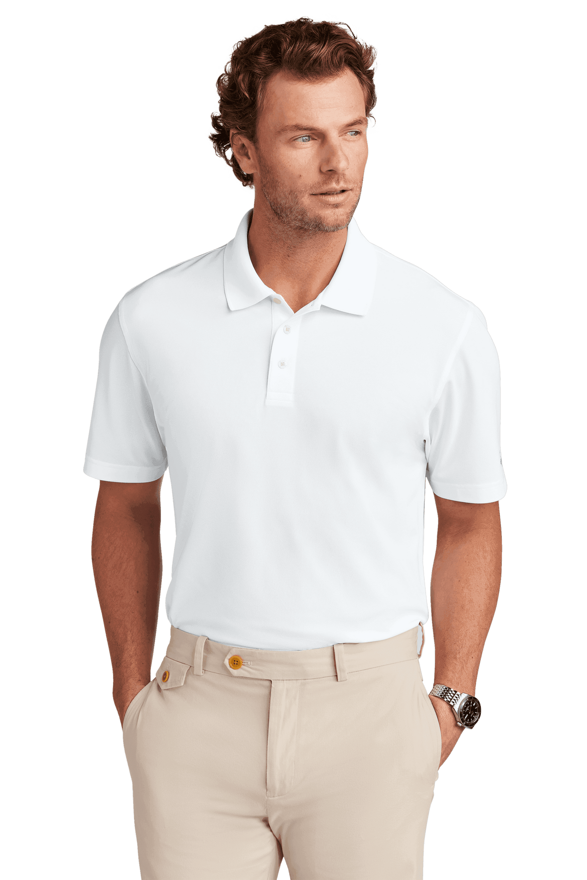 Men’s Brooks Brothers Mesh Pique Performance Polo in white, featuring a classic fit and moisture-wicking fabric, front view.