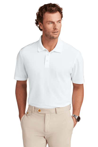 Men’s Brooks Brothers Mesh Pique Performance Polo in white, featuring a classic fit and moisture-wicking fabric, front view.