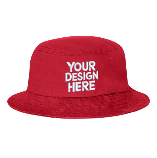 Red custom bucket hat with personalized embroidery, made by Print-View, shown from front angle in the image.