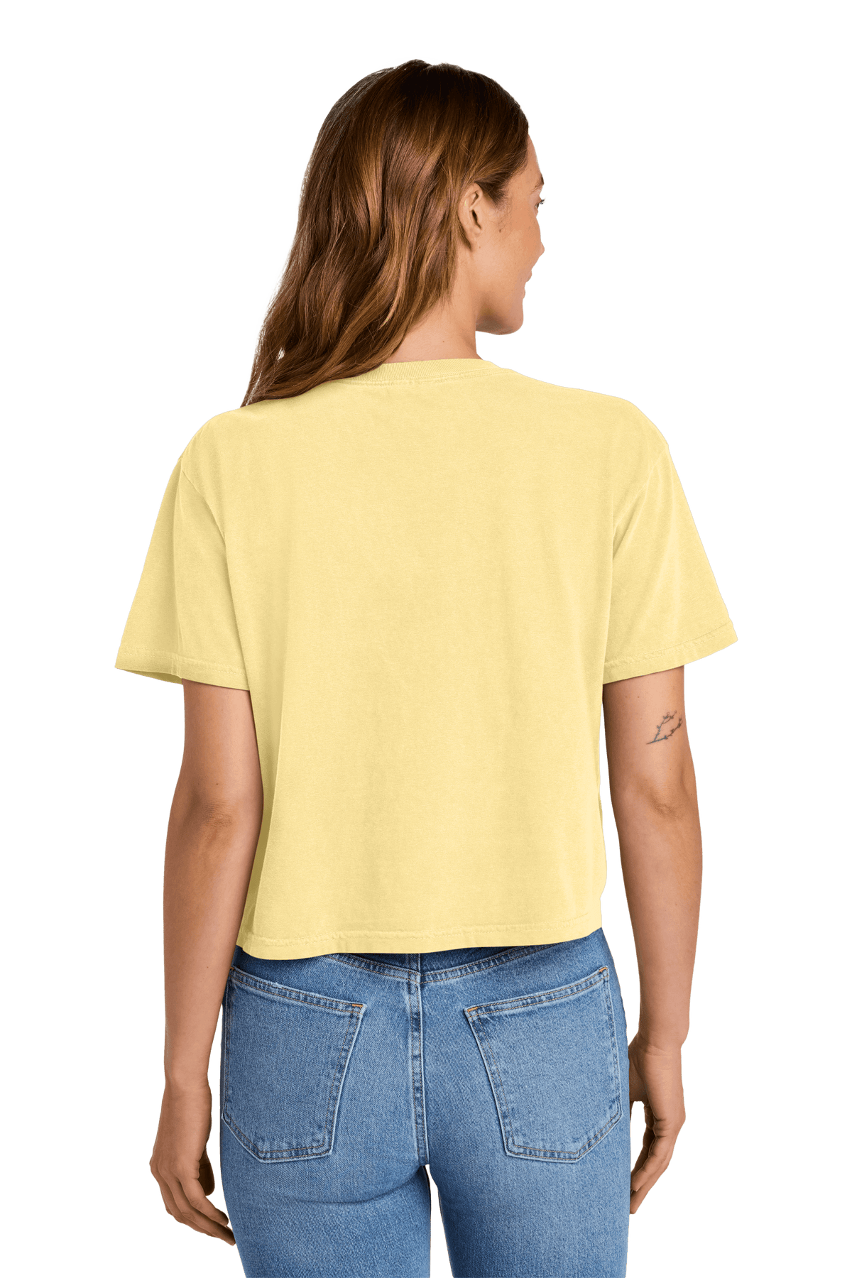 Comfort Colors women's heavyweight boxy crop top with garment dye, relaxed fit, featuring a custom print on the back.