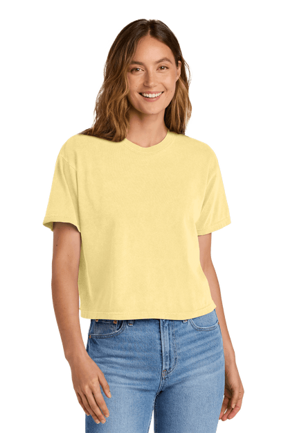 Comfort Colors women's heavyweight boxy crop top with garment-dyed finish and relaxed fit, shown with custom print on the front.
