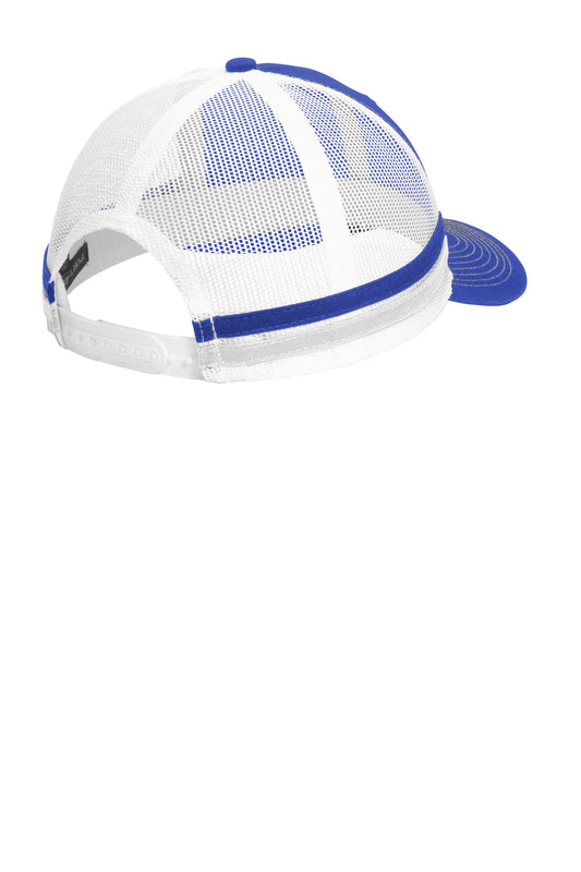 Print-View Port Authority two-stripe snapback trucker cap in patriot blue and white, flat back view showing adjustable snap closure.