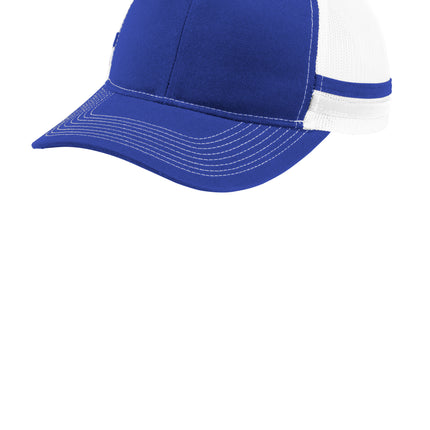 Print-View Port Authority two-stripe snapback trucker cap in patriot blue and white with front panel design.