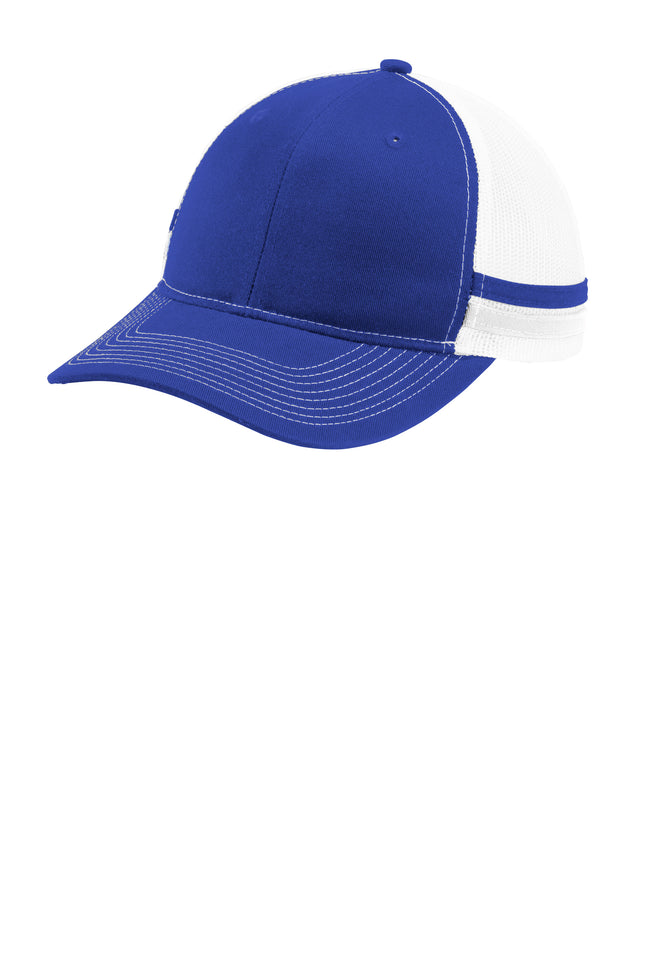 Print-View Port Authority two-stripe snapback trucker cap in patriot blue and white with front panel design.