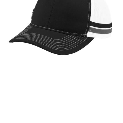 Port Authority two-stripe snapback trucker cap by Print-View, featuring a rich navy, grey, and steelwhite color scheme with a flat front.