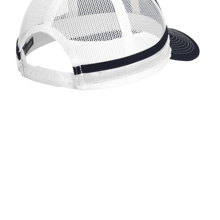 Rich navy and white two-stripe snapback trucker cap by Print-View with flat back design and adjustable snap closure.