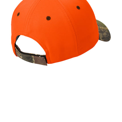 Print-View Port Authority® high visibility camo cap with orange blaze and mossy oak break-up pattern, flat back style.