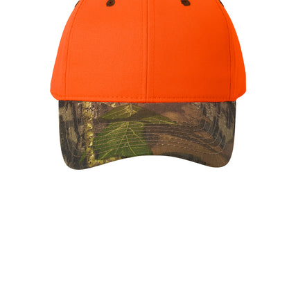 Print-View Port Authority® enhanced visibility cap with orange blaze and mossy oak camo brim, flat front design.
