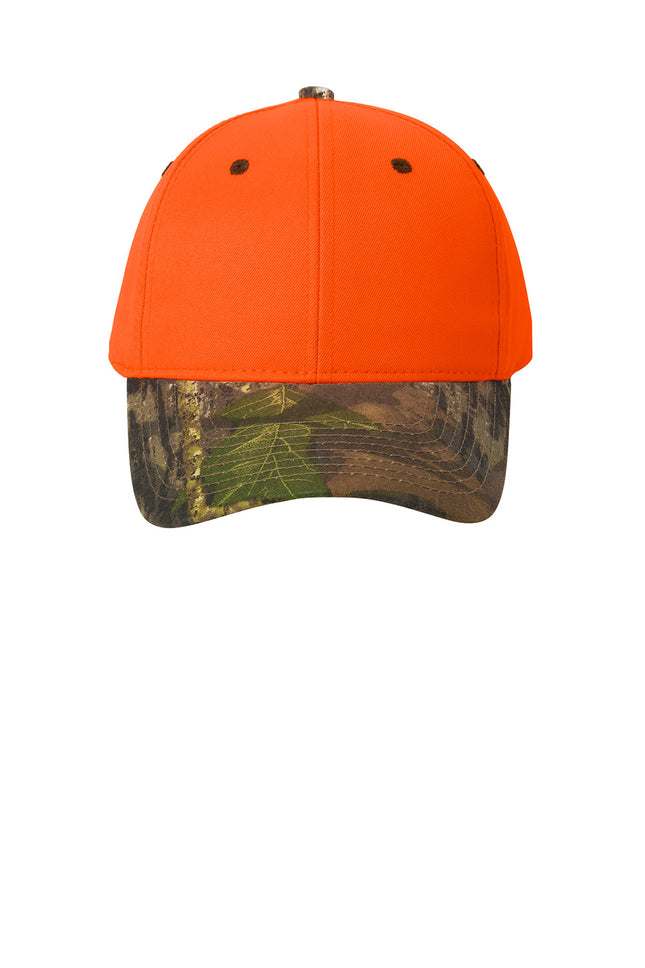 Print-View Port Authority® enhanced visibility cap with orange blaze and mossy oak camo brim, flat front design.