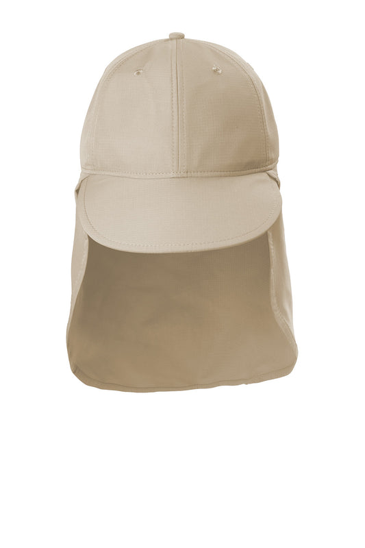 Print-View Port Authority outdoor UV sun shade baseball cap in stone color, flat brim style, shown from front view.