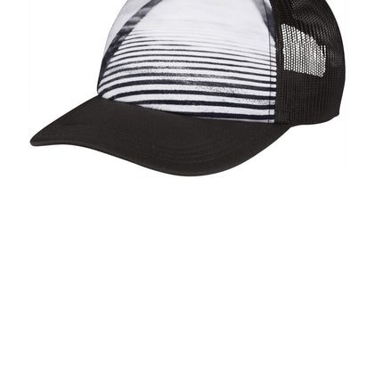 Print-View Port Authority photo real snapback trucker cap with flat front panel, showcasing urban city street design.
