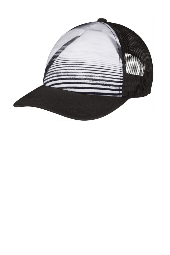 Print-View Port Authority photo real snapback trucker cap with flat front panel, showcasing urban city street design.