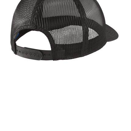 Print-View Port Authority photo real snapback trucker cap with forest print and flat back design.