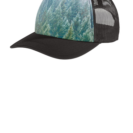 Print-View Port Authority photo-real snapback trucker cap with flat front in a forest design, showcasing a stylish and comfortable cap.