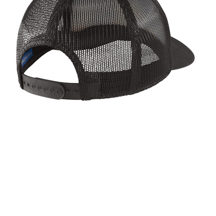 Print-View Port Authority photo real snapback trucker cap featuring a palm tree design on a flat back, casual headwear style.