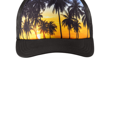 Print-View Port Authority photo-real palm trees snapback trucker cap with front view and adjustable brim.