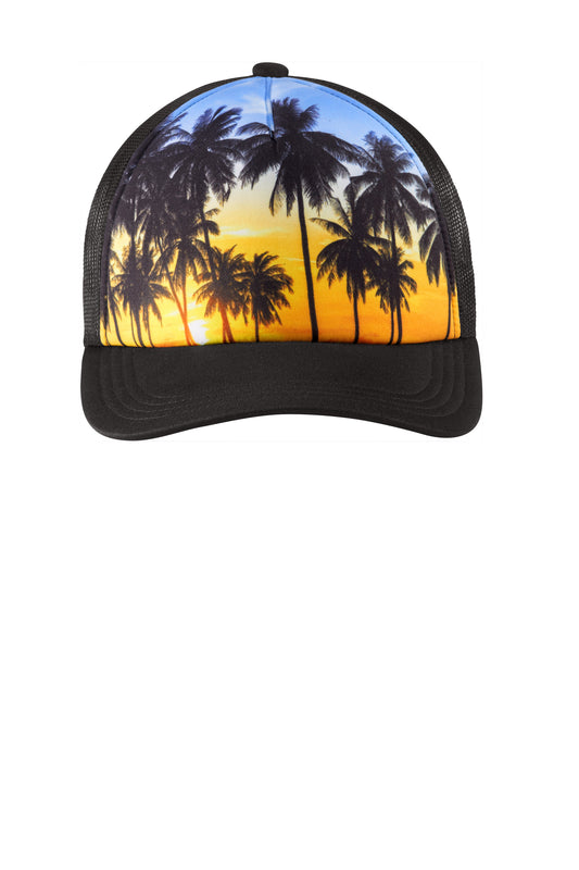 Print-View Port Authority photo-real palm trees snapback trucker cap with front view and adjustable brim.