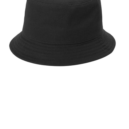 Black Port Authority twill short brim bucket hat front view with earthy outdoor appeal”