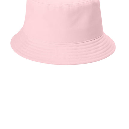 Pink Port Authority bucket hat back view with stitched panel design