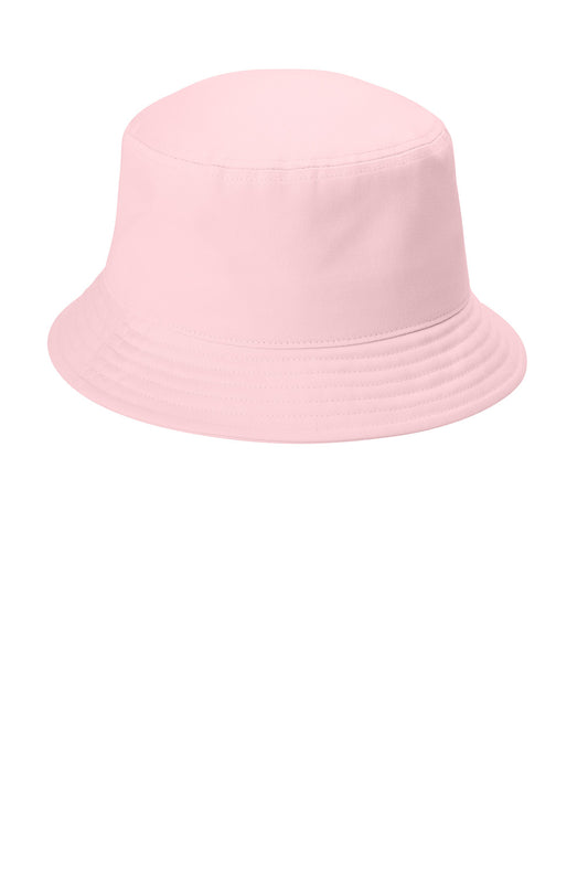 Print-View Port Authority® twill short brim bucket hat in cloud pink, shown from the right flat view.