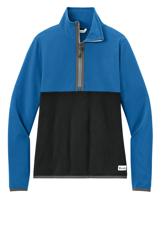 Cotopaxi Women’s Amado 1/2-Zip fleece jacket in Atlantic and black, featuring a cozy fleece fabric and half-zip front design.