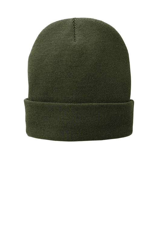 Olive green Port Authority fleece-lined knit beanie with flat front, perfect for warmth and casual style.