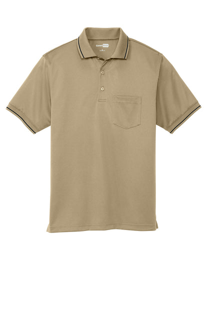 Print-View CornerStone® Select snag-proof tipped pocket polo in tan and black, featuring a flat front design.