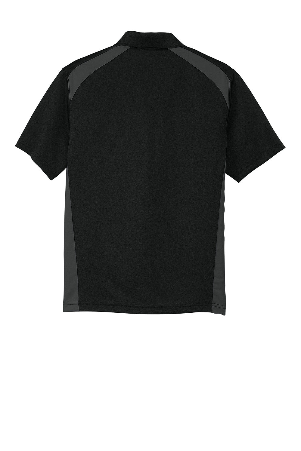 CornerStone Select snag-proof two-way colorblock pocket polo by Print-View, shown in black and charcoal with front pocket.