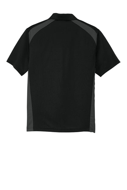 CornerStone Select snag-proof two-way colorblock pocket polo by Print-View, shown in black and charcoal with front pocket.