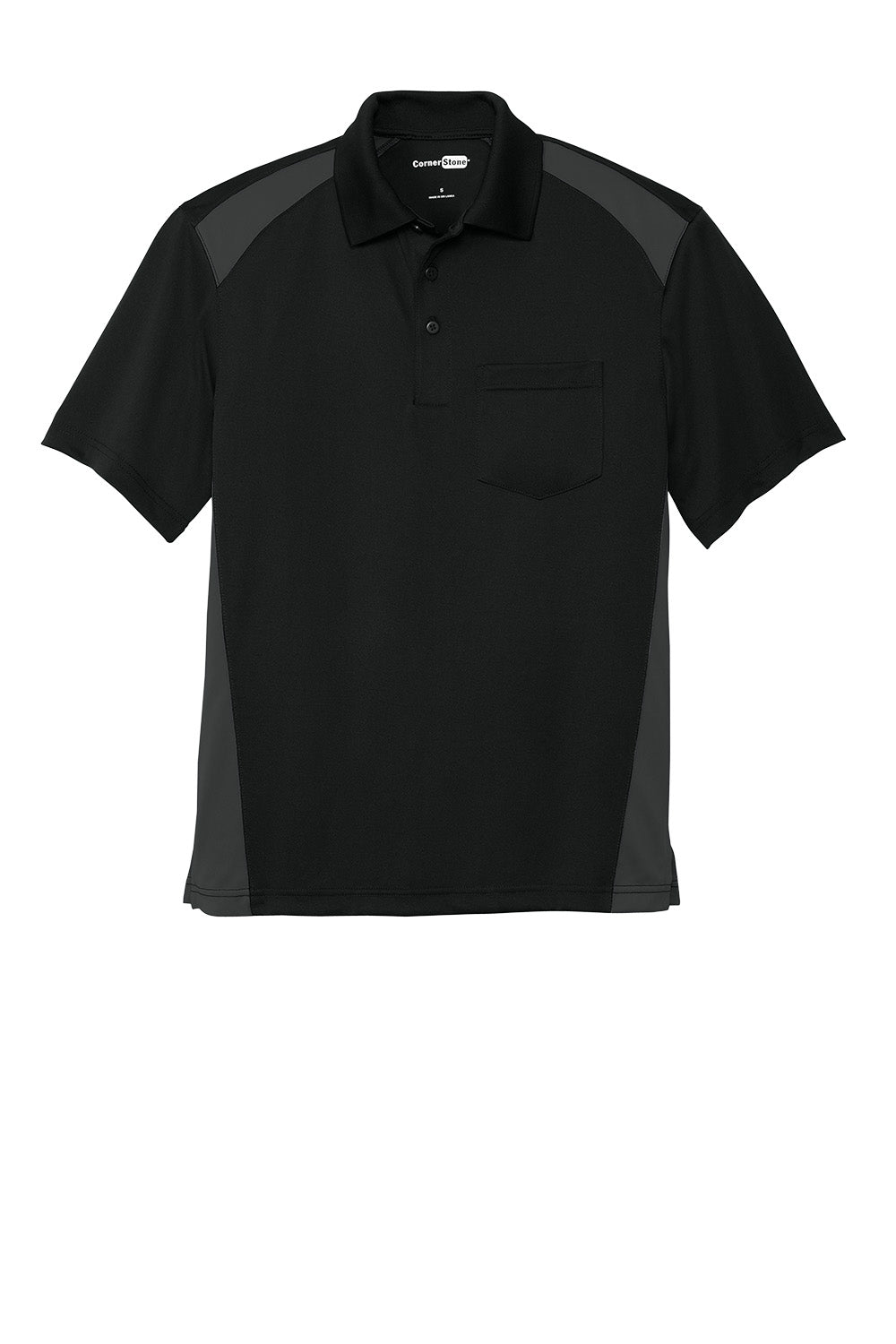 Print-View CornerStone Select snag-proof two-way colorblock pocket polo in black and charcoal, flat front design.