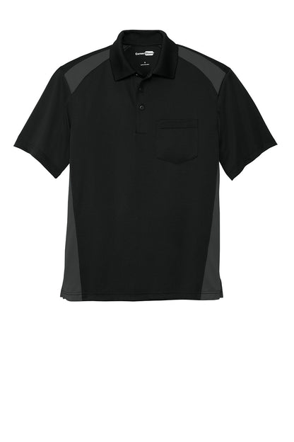 Print-View CornerStone Select snag-proof two-way colorblock pocket polo in black and charcoal, flat front design.