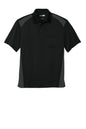 Print-View CornerStone Select snag-proof two-way colorblock pocket polo in black and charcoal, flat front design.