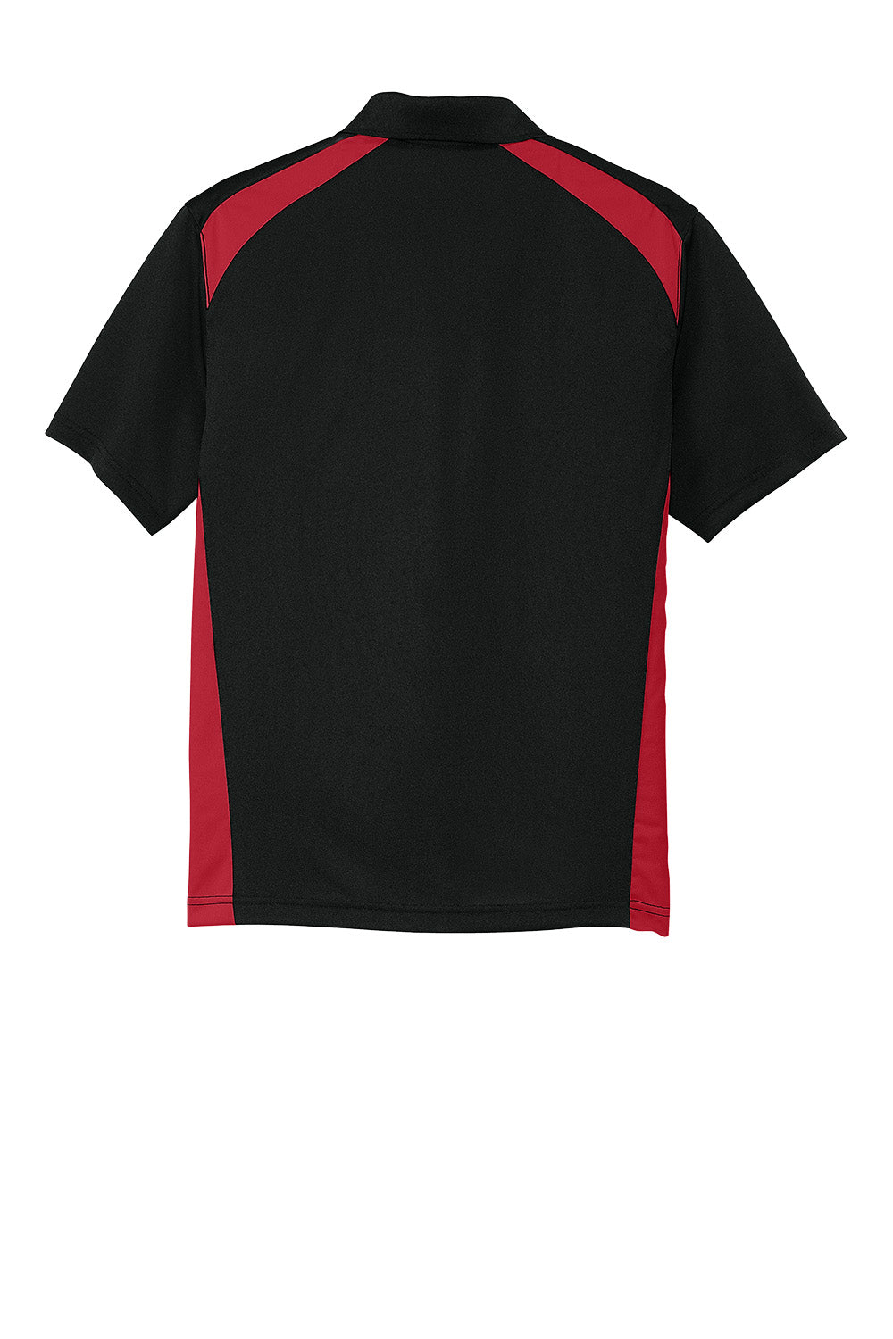 Print-View CornerStone® Select snag-proof two-way colorblock pocket polo in black and red, flat back view.