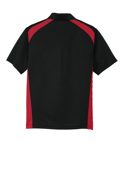 Print-View CornerStone® Select snag-proof two-way colorblock pocket polo in black and red, flat back view.