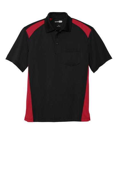 Black and red CornerStone® Select snag-proof two-way colorblock pocket polo shirt by Print-View, flat front view.