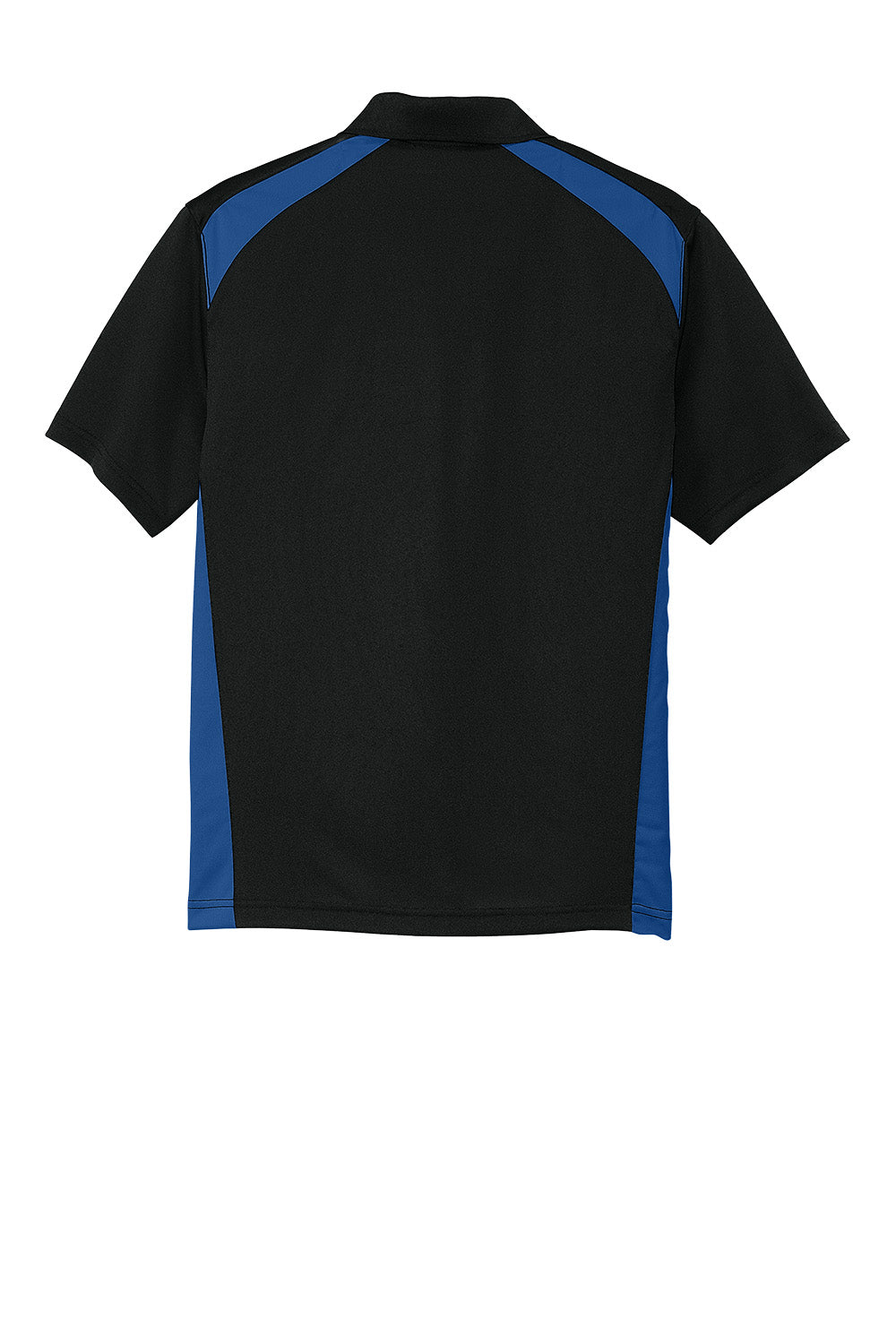 Black and royal blue CornerStone® Select snag-proof two-way colorblock pocket polo by Print-View, shown from the back.
