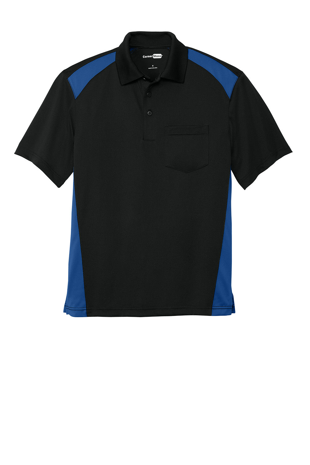 Print-View CornerStone® Select snag-proof two-way colorblock pocket polo in black and royal, showing flat front view.
