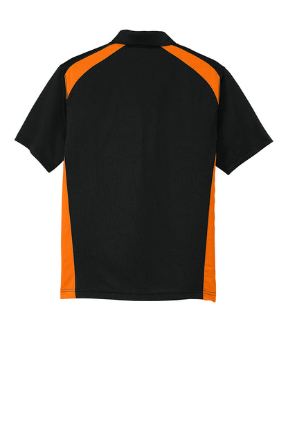 Print-View CornerStone Select snag-proof two-way colorblock pocket polo in black with shock orange accents, showing the front view.