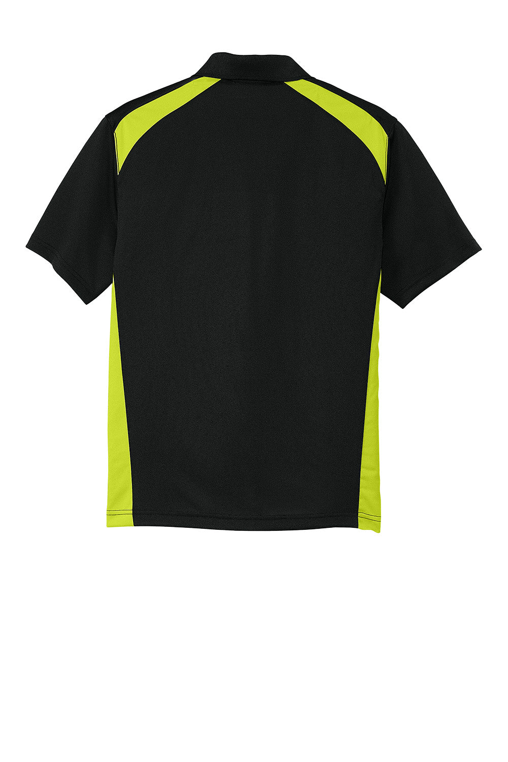 Print-View CornerStone® Select snag-proof two-way colorblock pocket polo in black and shock green, showing front view with pocket detail.